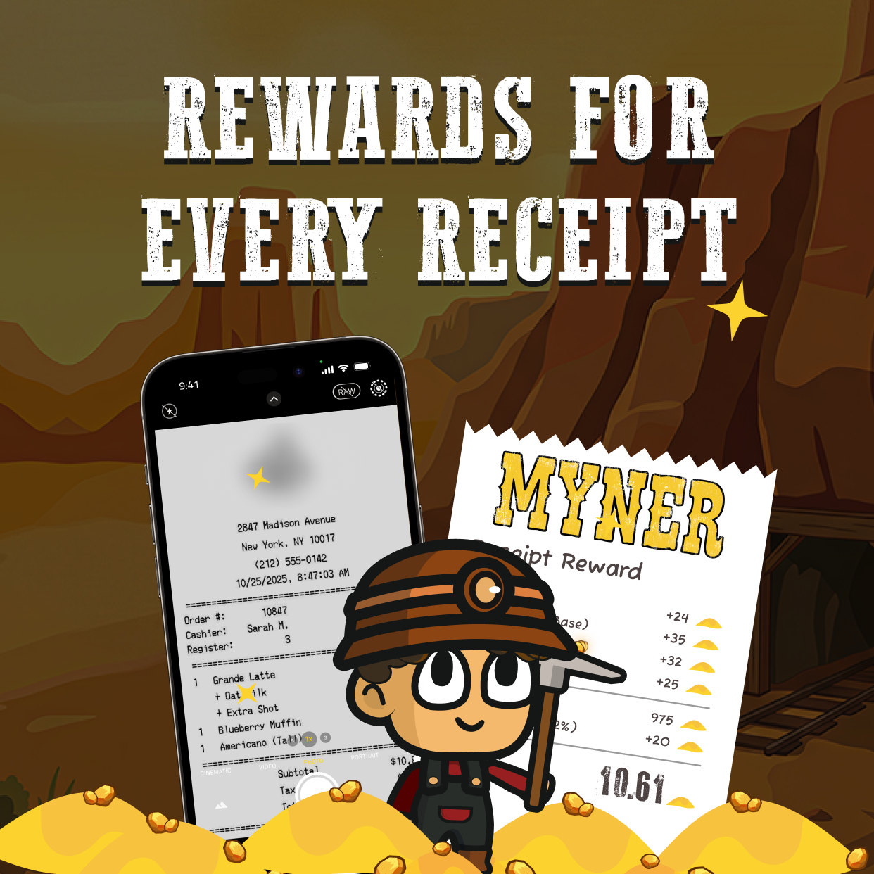Myner app scanning a receipt and rewarding gold